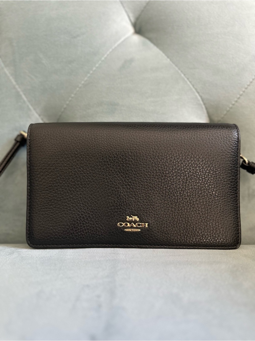 Coach Black Pebbled Leather Crossbody Wallet with Gold Logo